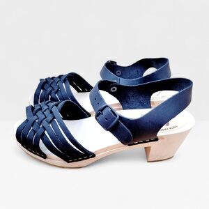 LOTTA FROM STOCKHOLM Swedish Oiled Black Leather Wood Strappy Clog Sandals 39